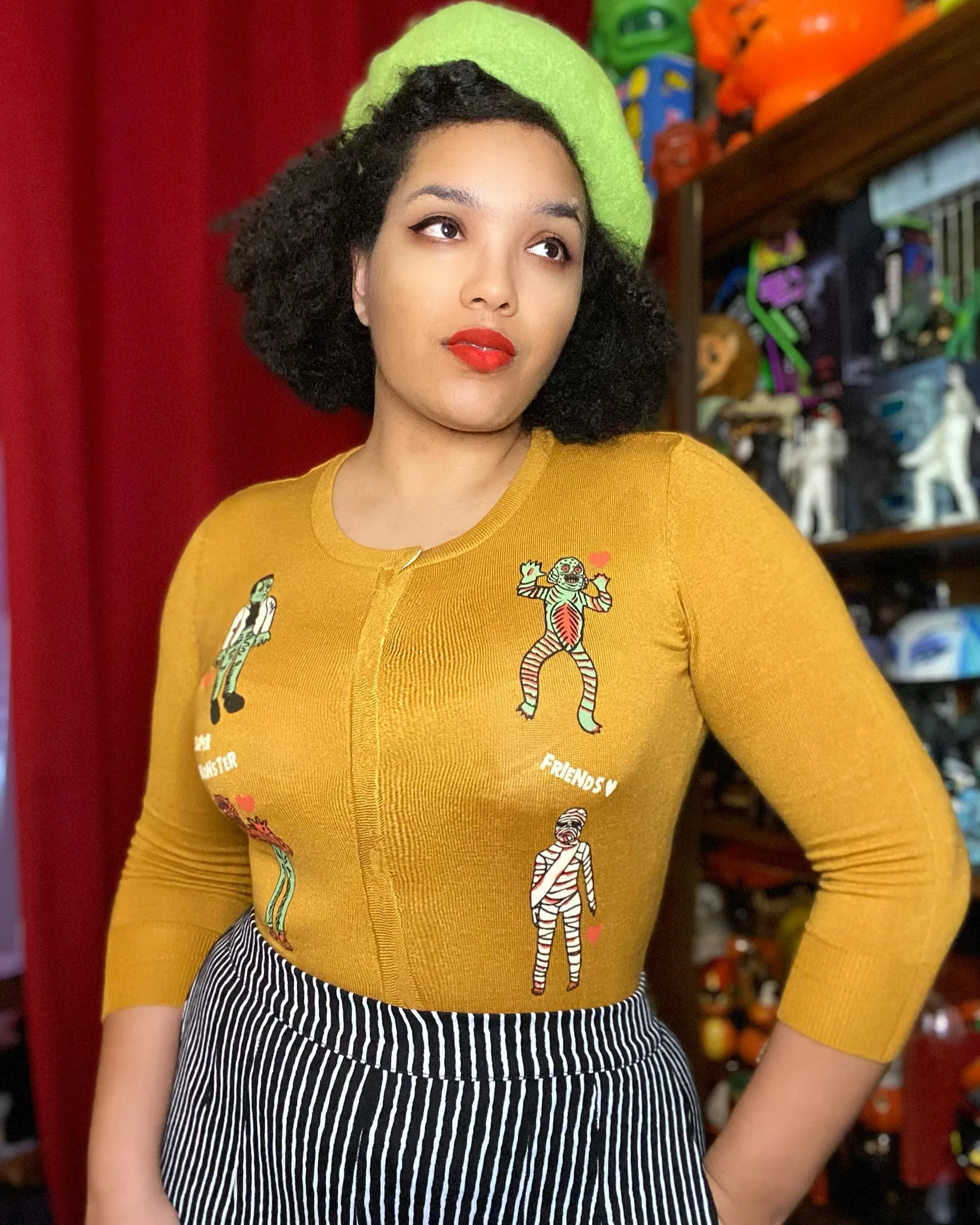 SUPER MONSTER FRIENDS LONG SLEEVE CARDIGAN*MUSTARD