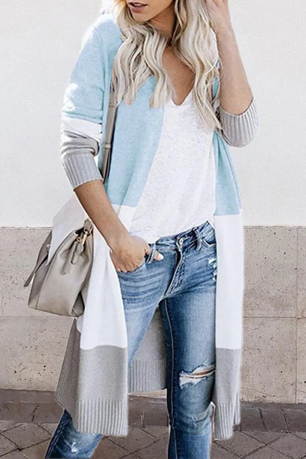 Three-color Striped Stitching Long Cardigan (4 Colors)