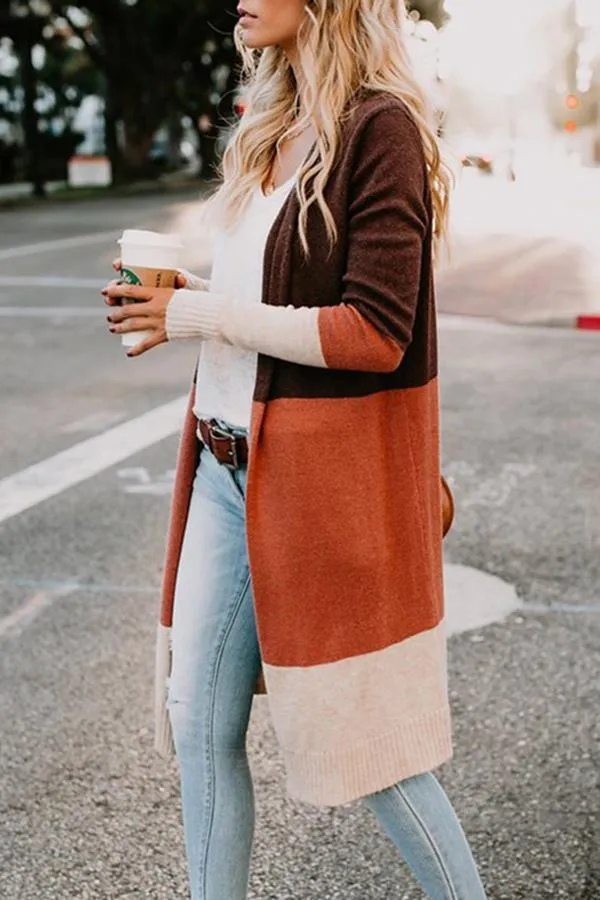 Three-color Striped Stitching Long Cardigan (4 Colors)