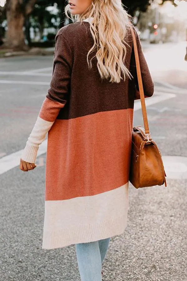 Three-color Striped Stitching Long Cardigan (4 Colors)