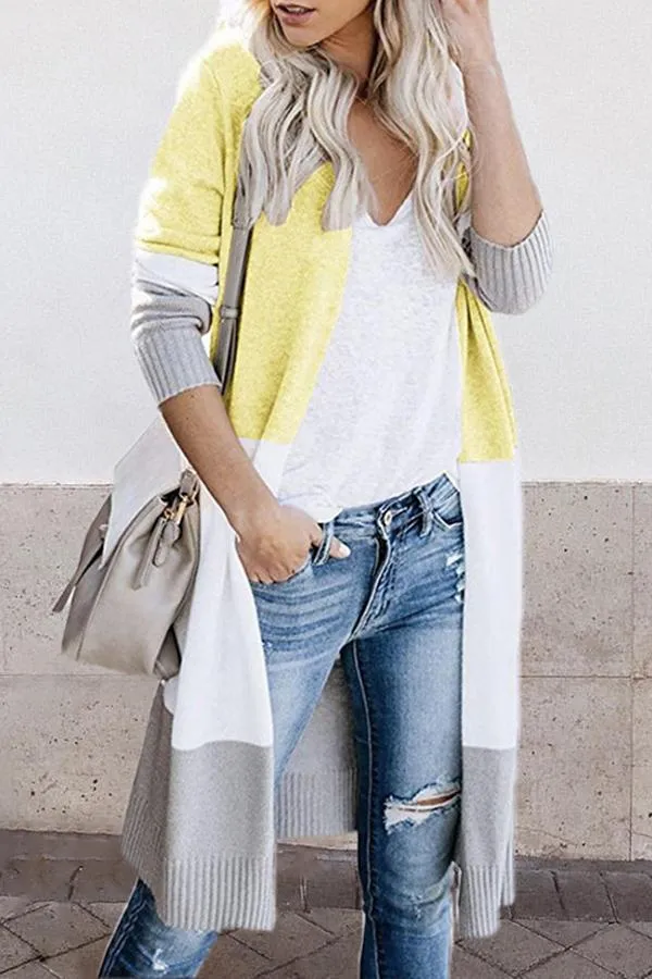 Three-color Striped Stitching Long Cardigan (4 Colors)