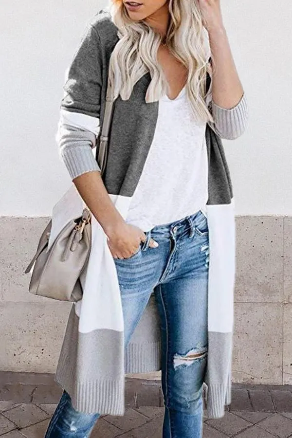 Three-color Striped Stitching Long Cardigan (4 Colors)