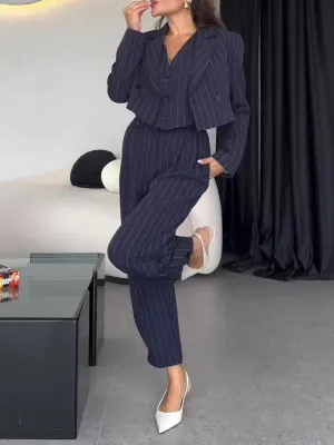 Three-Piece Set Striped Vest Blazer  High-Waisted Pants
