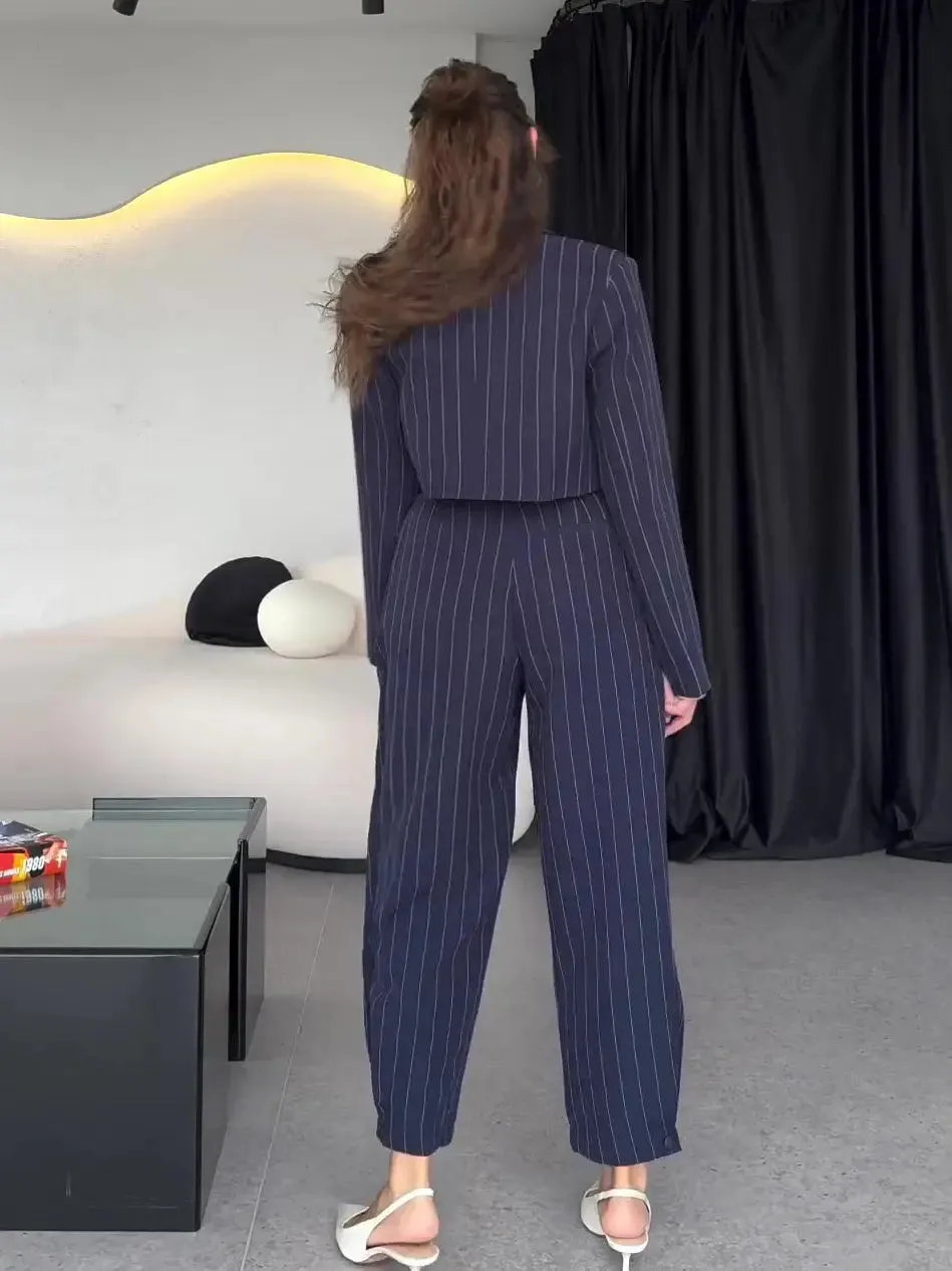 Three-Piece Set Striped Vest Blazer  High-Waisted Pants