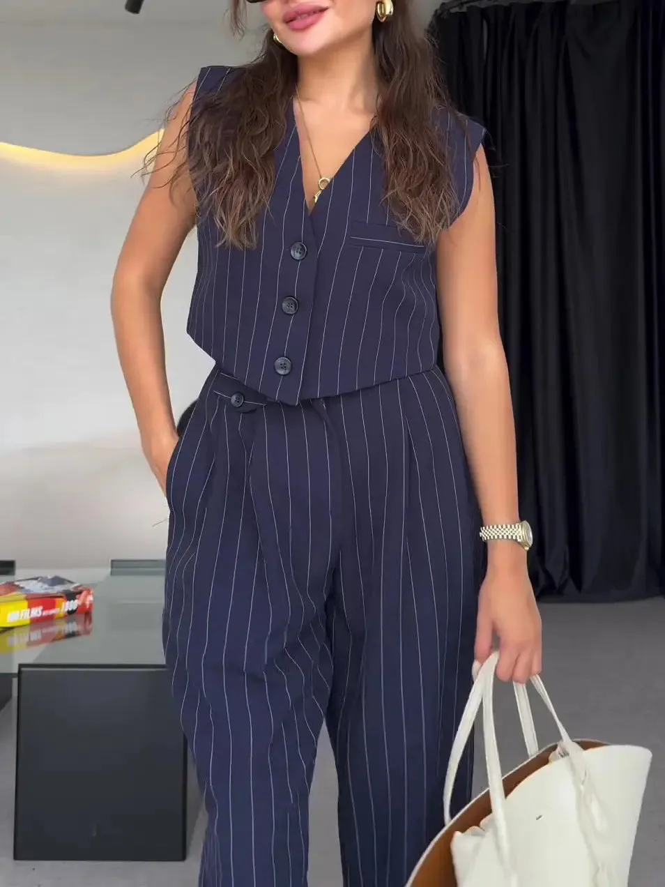 Three-Piece Set Striped Vest Blazer  High-Waisted Pants