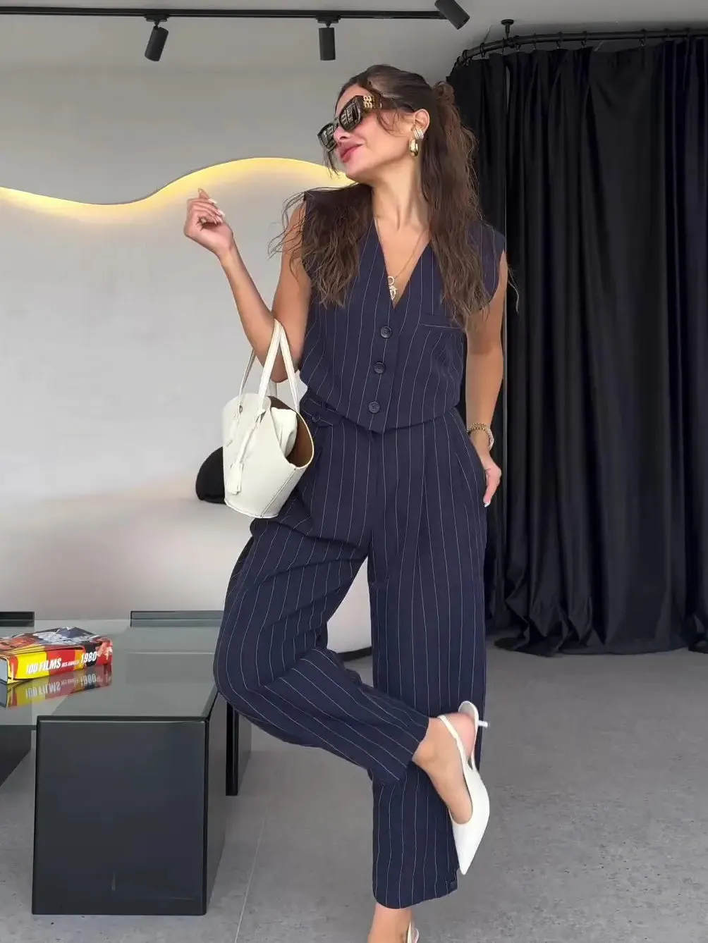 Three-Piece Set Striped Vest Blazer  High-Waisted Pants