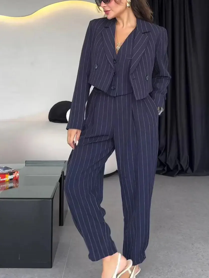 Three-Piece Set Striped Vest Blazer  High-Waisted Pants