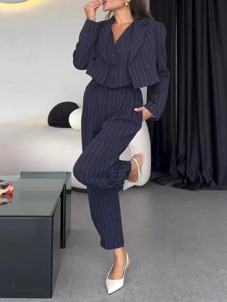 Three-Piece Set Striped Vest Blazer  High-Waisted Pants