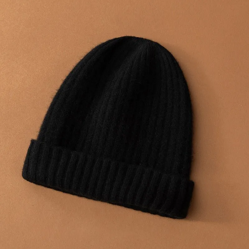 Unisex Ribbed Knit Cashmere Hats Warm Deep Cashmere Beanie