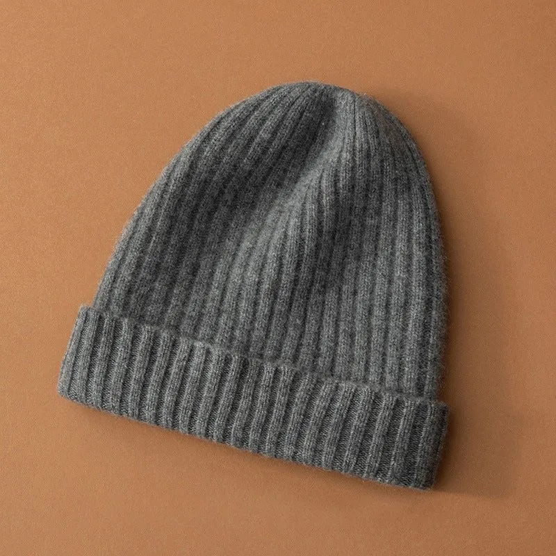 Unisex Ribbed Knit Cashmere Hats Warm Deep Cashmere Beanie