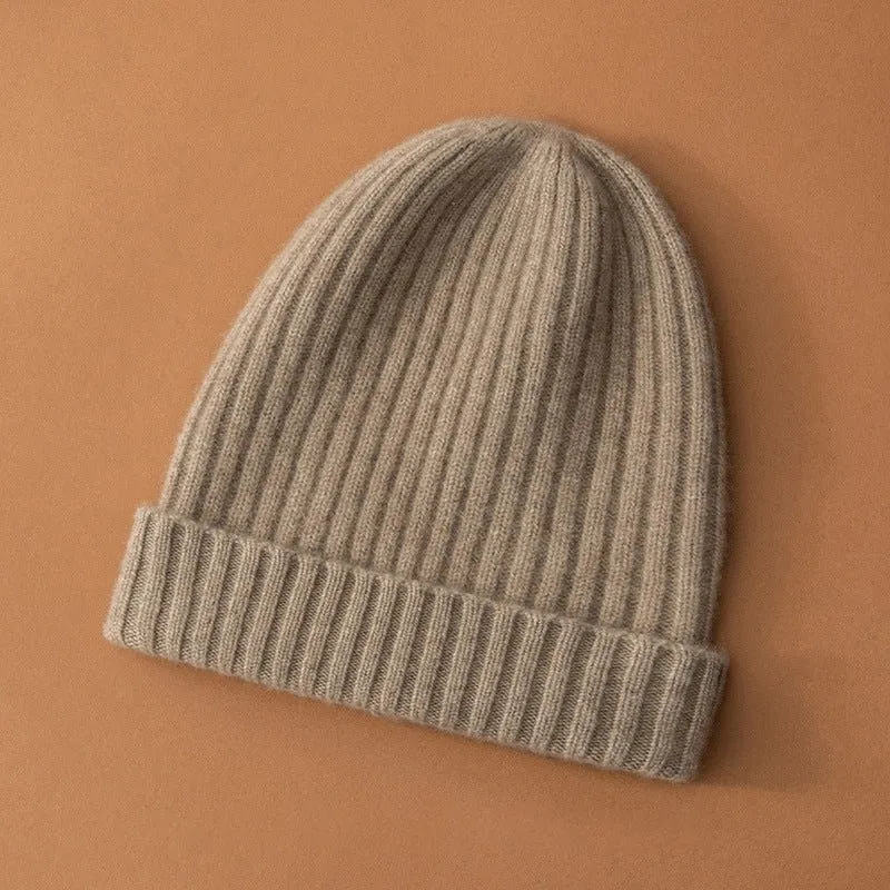 Unisex Ribbed Knit Cashmere Hats Warm Deep Cashmere Beanie