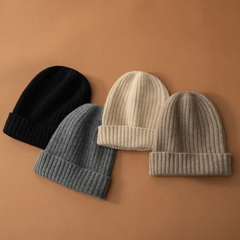 Unisex Ribbed Knit Cashmere Hats Warm Deep Cashmere Beanie