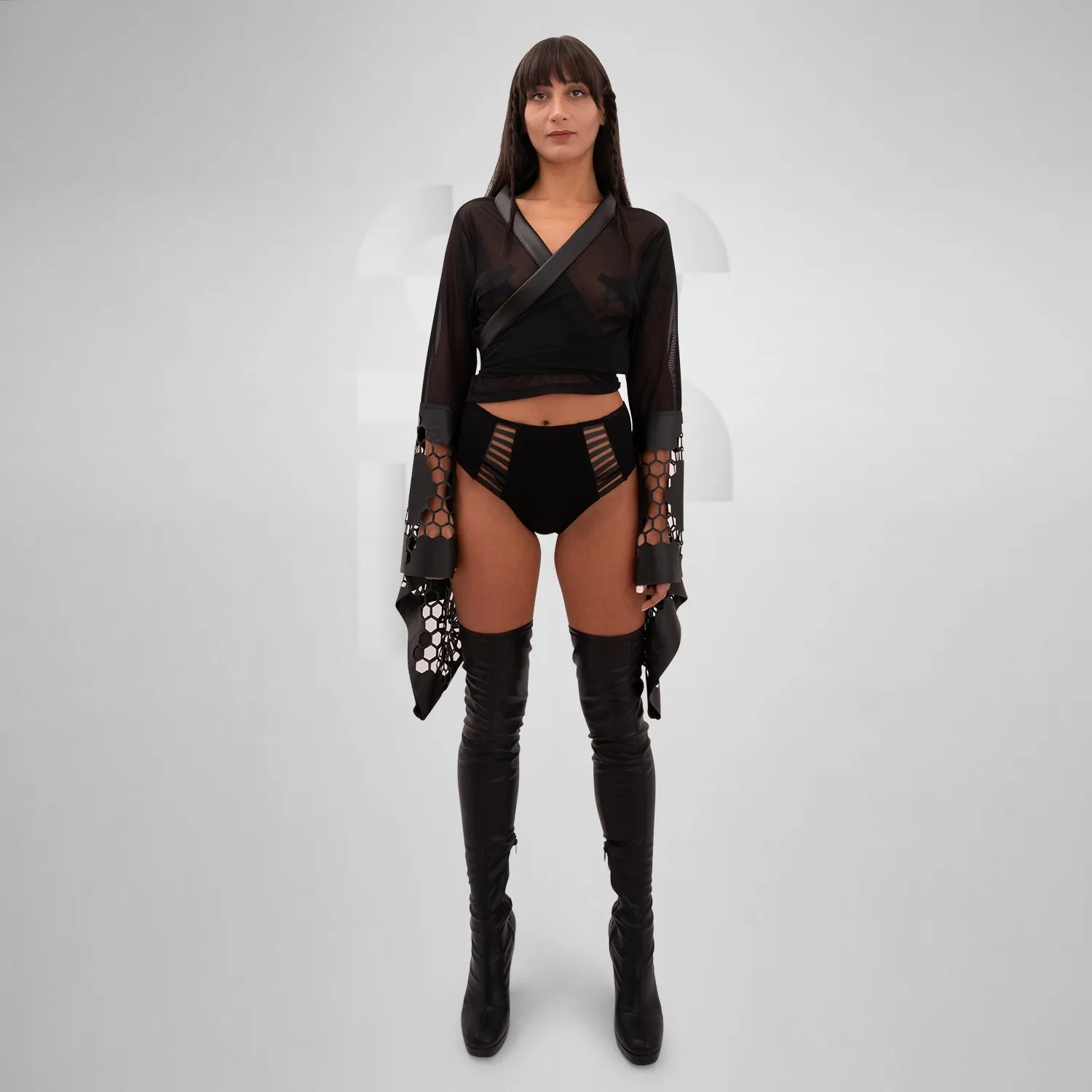 Vegan Leather Mesh Cropped Kimono