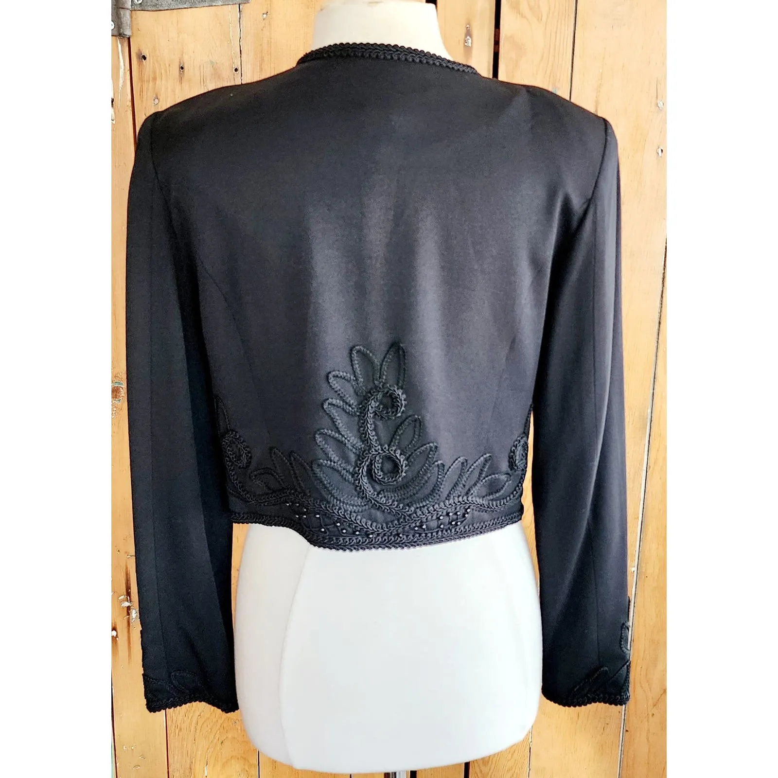 Vintage 80s Black Cropped Blazer Embroidered Beaded Marie St Claire