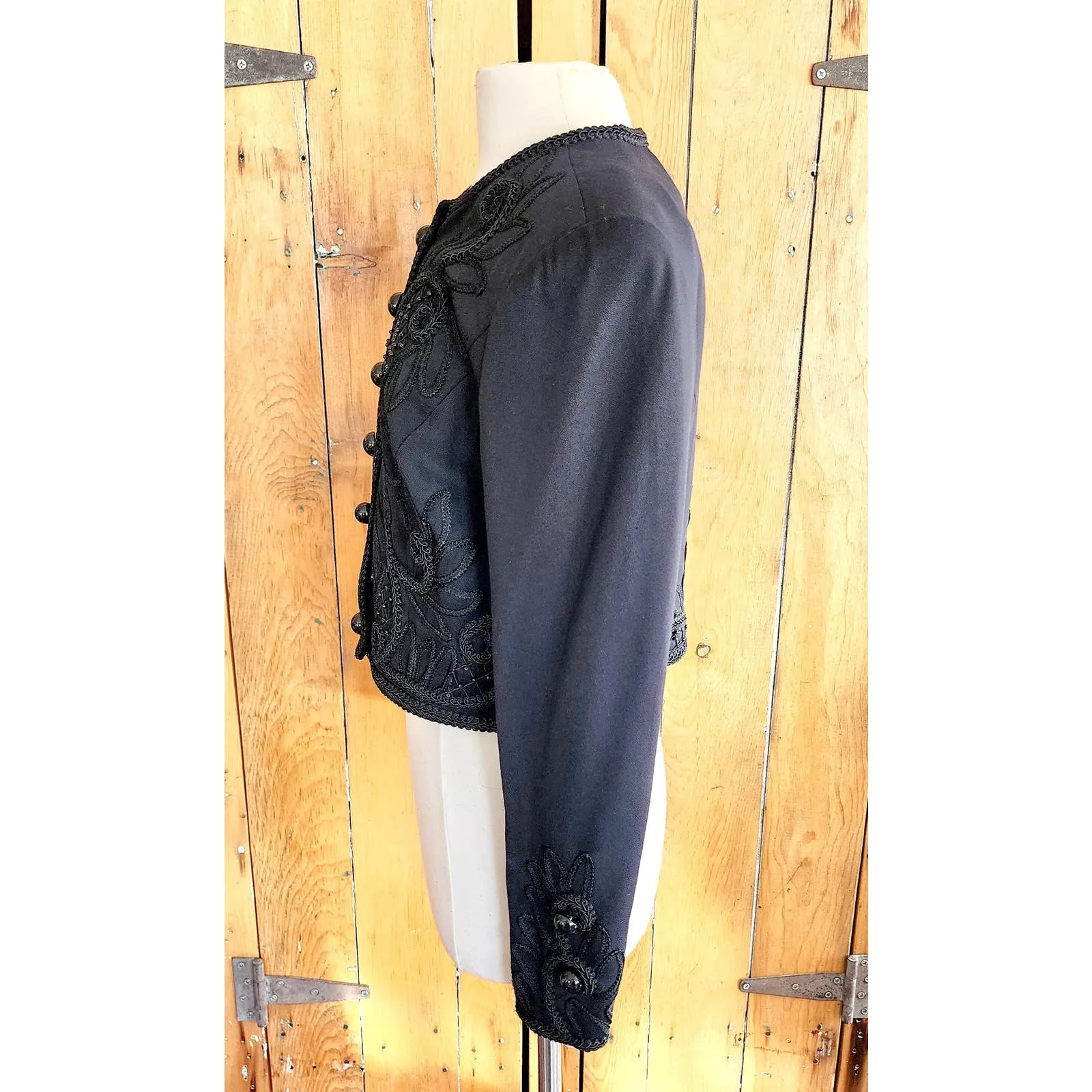 Vintage 80s Black Cropped Blazer Embroidered Beaded Marie St Claire
