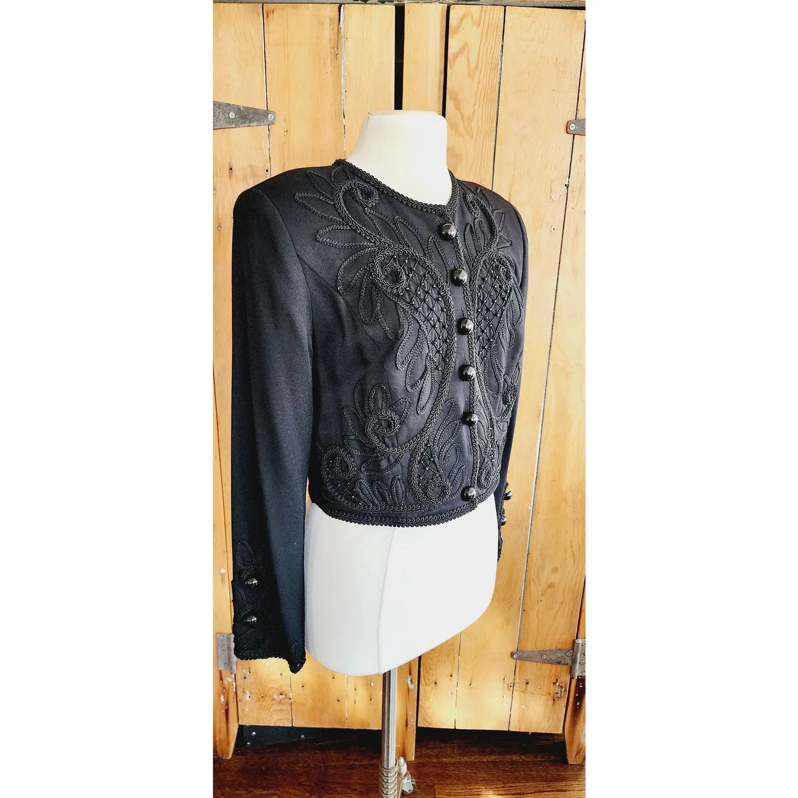 Vintage 80s Black Cropped Blazer Embroidered Beaded Marie St Claire