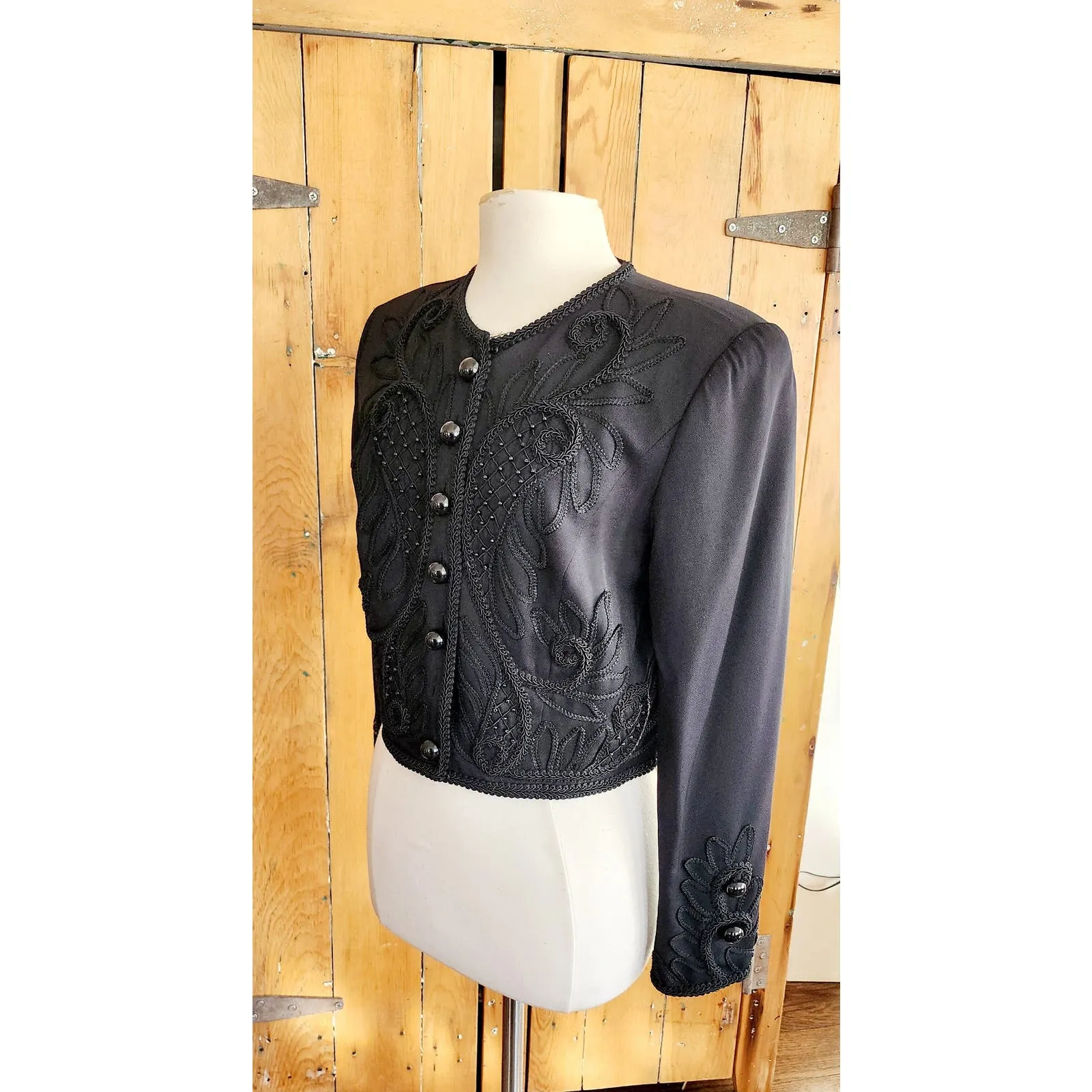 Vintage 80s Black Cropped Blazer Embroidered Beaded Marie St Claire