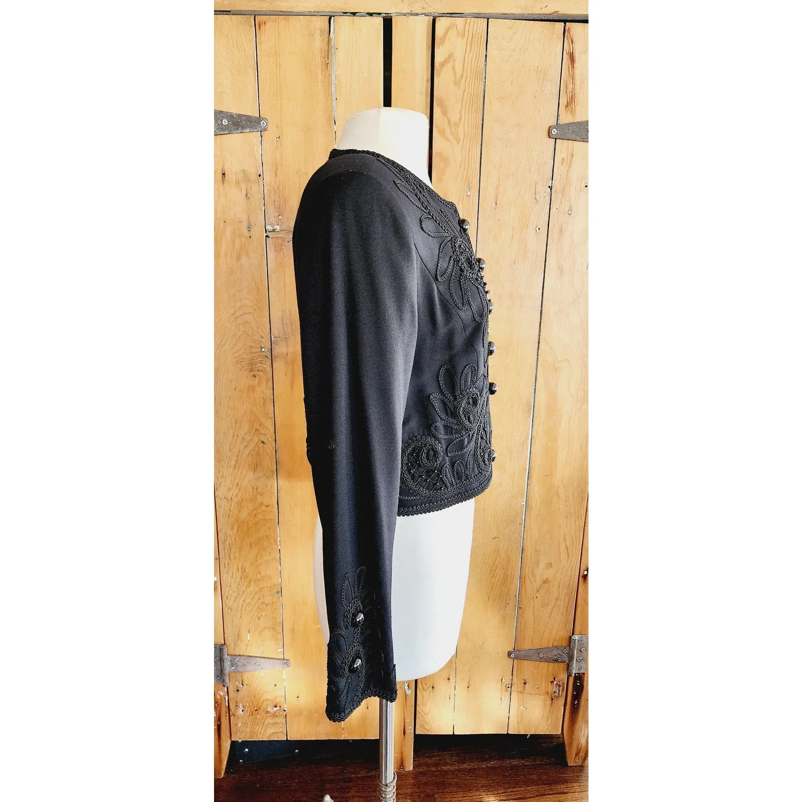 Vintage 80s Black Cropped Blazer Embroidered Beaded Marie St Claire