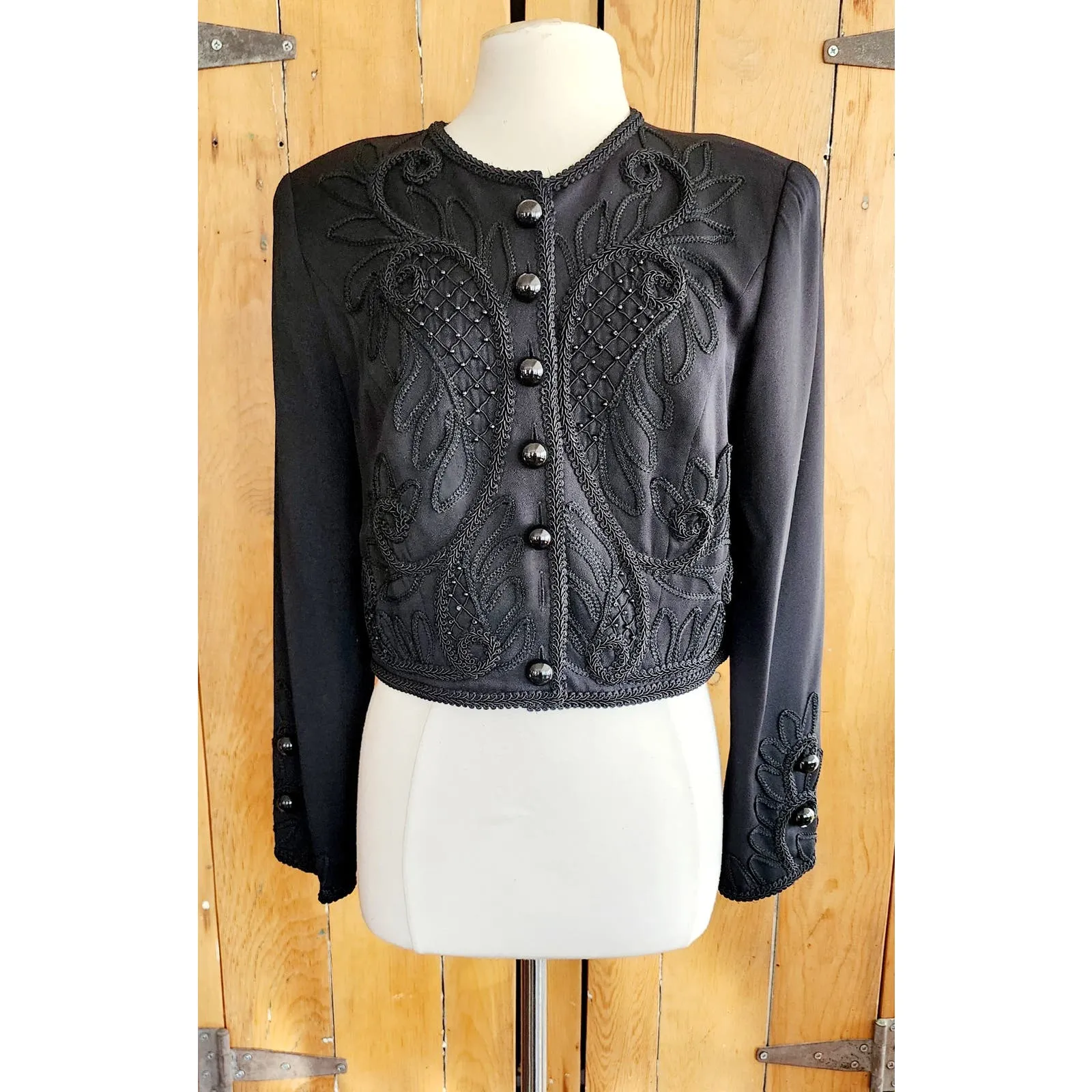 Vintage 80s Black Cropped Blazer Embroidered Beaded Marie St Claire