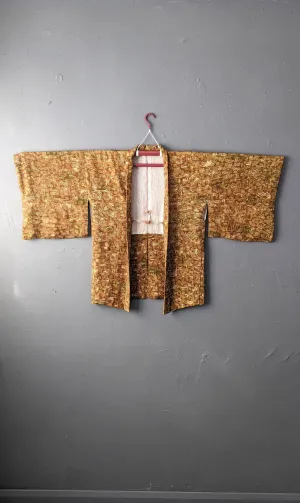 Vintage Chirimen Haori Jacket, Japanese Kimono Robe with Hieroglyphs