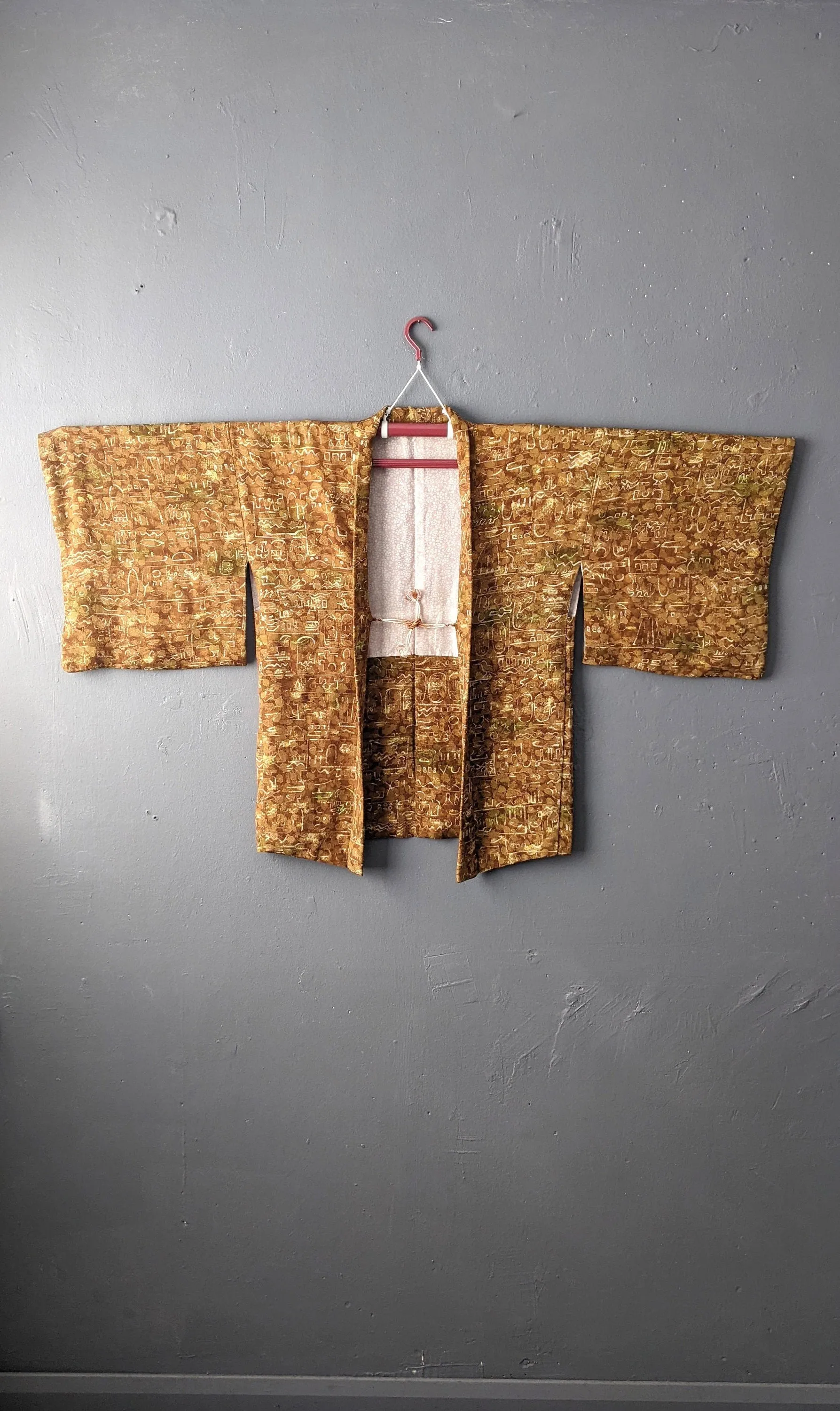 Vintage Chirimen Haori Jacket, Japanese Kimono Robe with Hieroglyphs