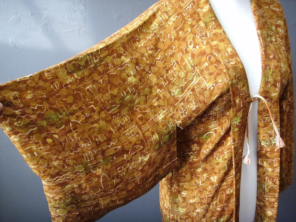 Vintage Chirimen Haori Jacket, Japanese Kimono Robe with Hieroglyphs