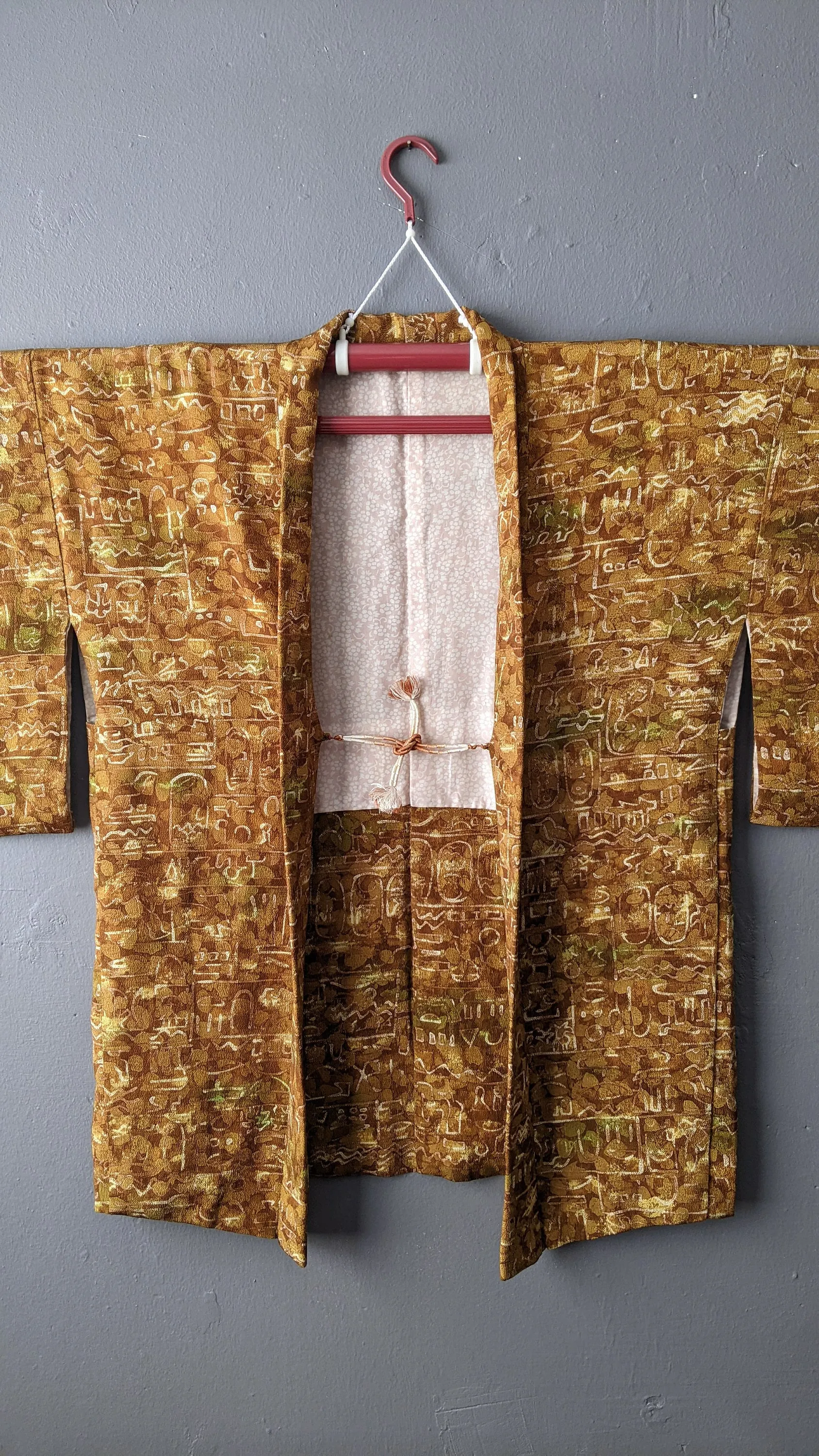 Vintage Chirimen Haori Jacket, Japanese Kimono Robe with Hieroglyphs