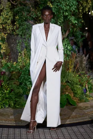 WHITE JERSEY DRAPED LONG LINE BLAZER COAT