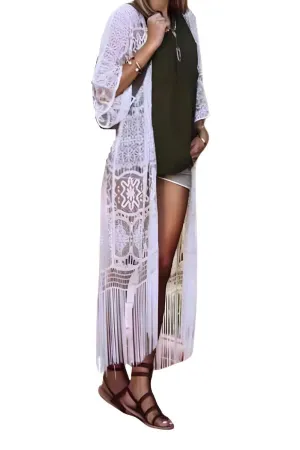 White Lace Long Open Front Cardigan
