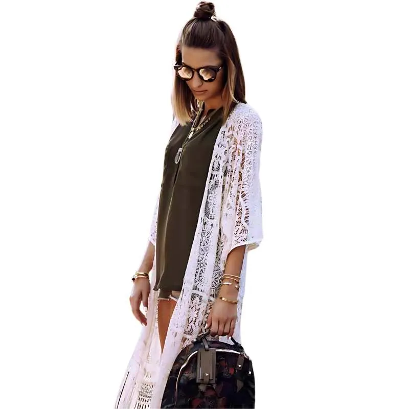 White Lace Long Open Front Cardigan