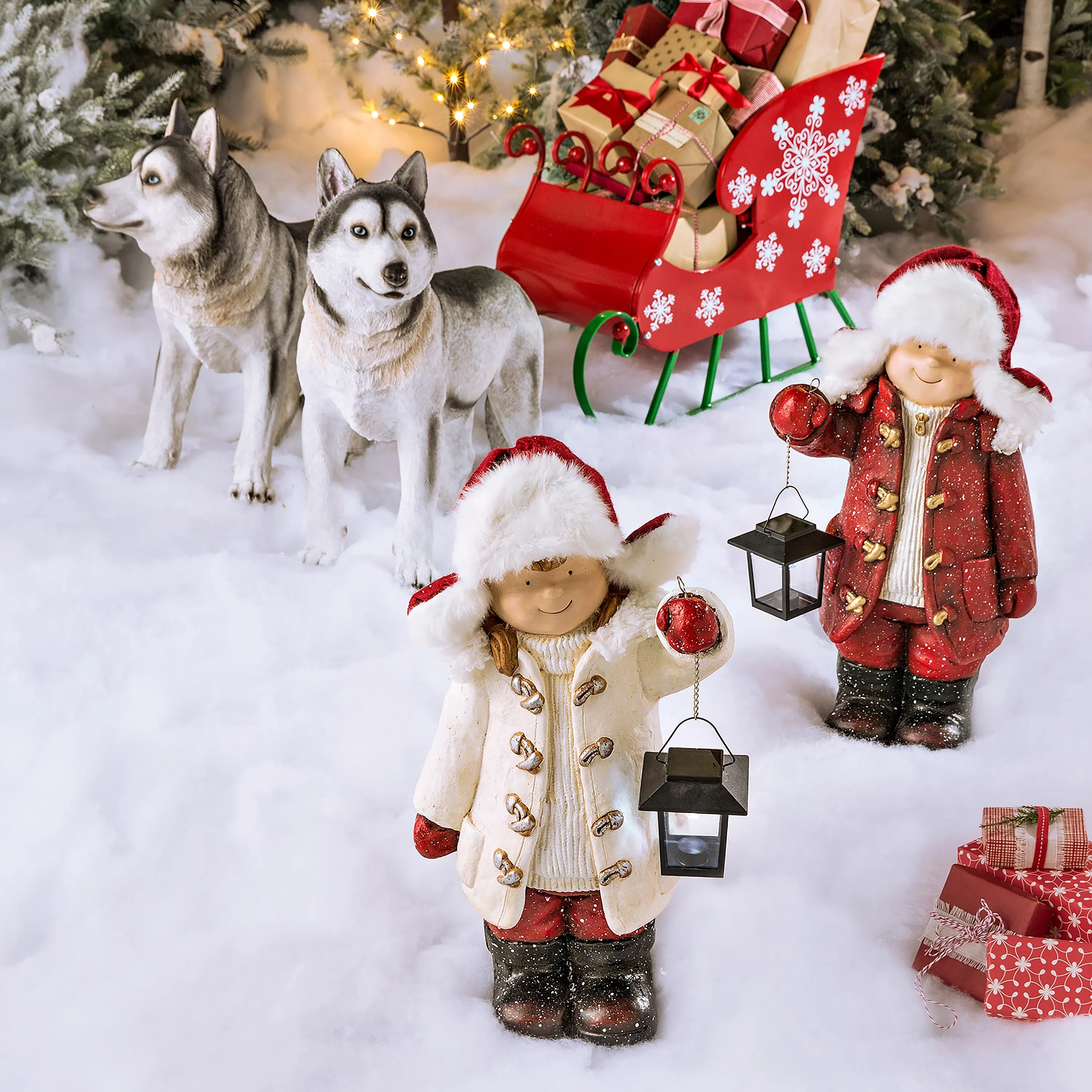 Wintertime Children with Lanterns Solar Garden Statues, Set of 2