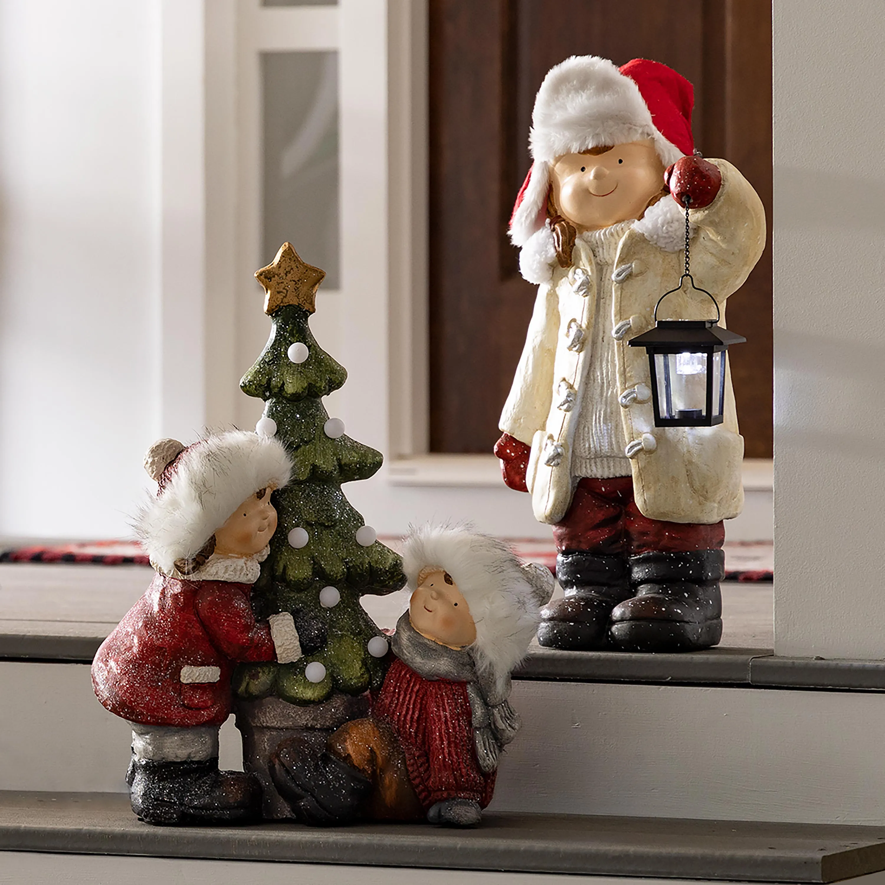 Wintertime Children with Lanterns Solar Garden Statues, Set of 2