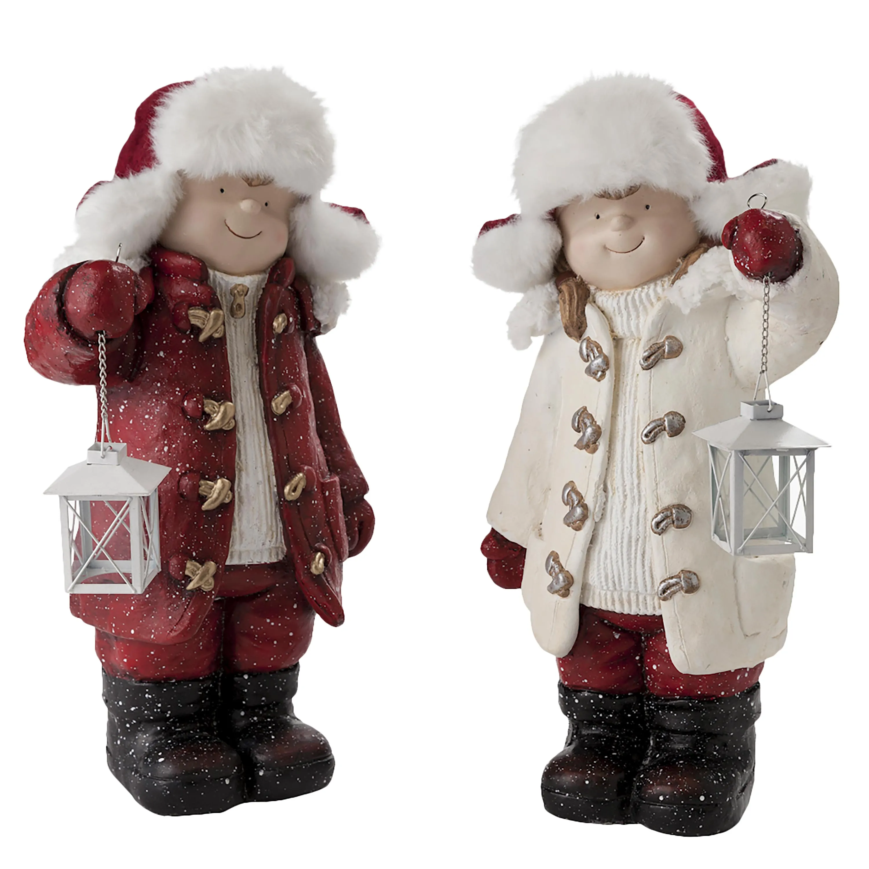Wintertime Children with Lanterns Solar Garden Statues, Set of 2
