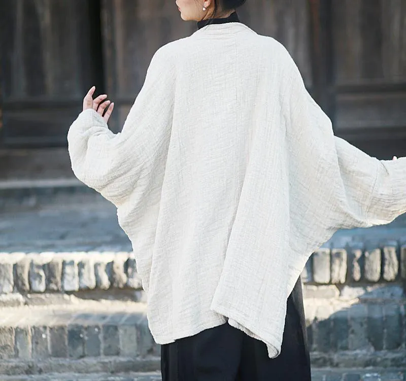 Women Loose Solid Beige Linen Cardigans