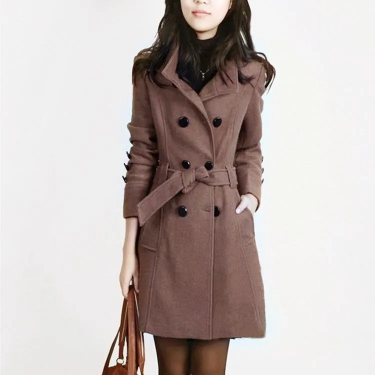 Women Trench Woolen Coat Slim Double Breasted Overcoat Coats Long Outerwear for Women QB323