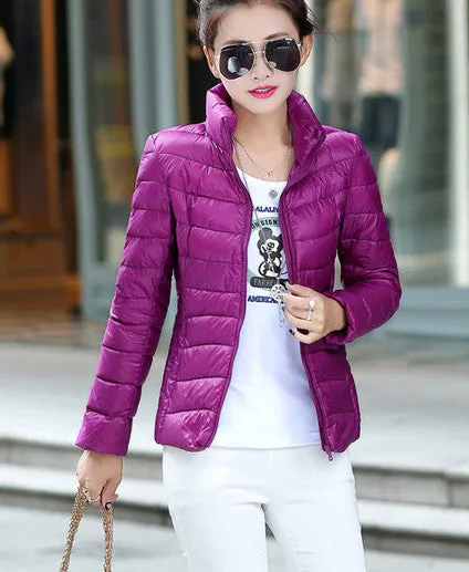 Women Ultra Light Down Jacket Winter Duck Down Jackets Women Slim Thin Long Sleeve Parka Zipper Coats Pockets Solid