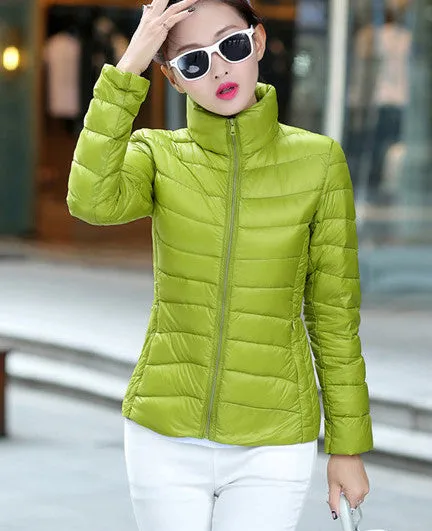 Women Ultra Light Down Jacket Winter Duck Down Jackets Women Slim Thin Long Sleeve Parka Zipper Coats Pockets Solid