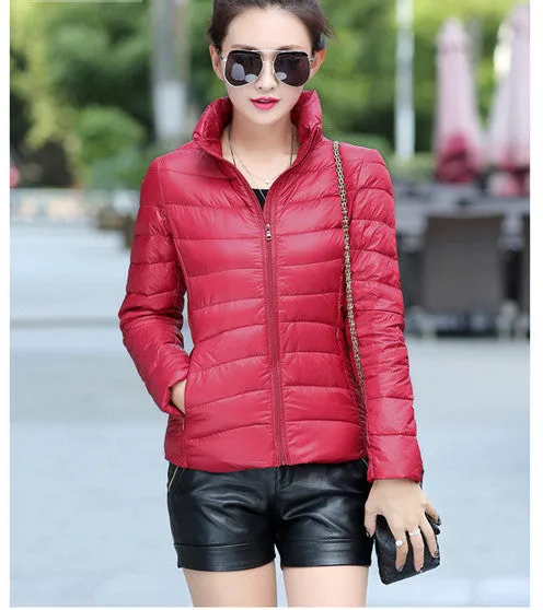 Women Ultra Light Down Jacket Winter Duck Down Jackets Women Slim Thin Long Sleeve Parka Zipper Coats Pockets Solid