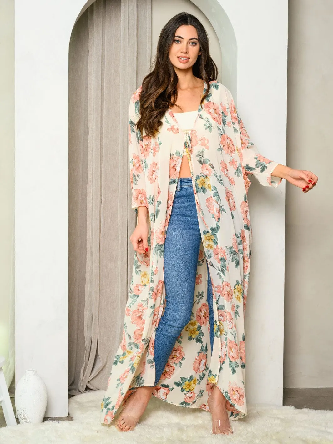 WOMEN'S 3/4 SLEEVES FRONT TIE FLORAL KIMONO