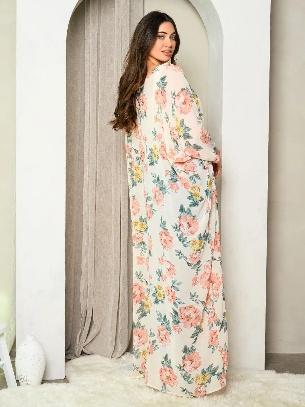 WOMEN'S 3/4 SLEEVES FRONT TIE FLORAL KIMONO