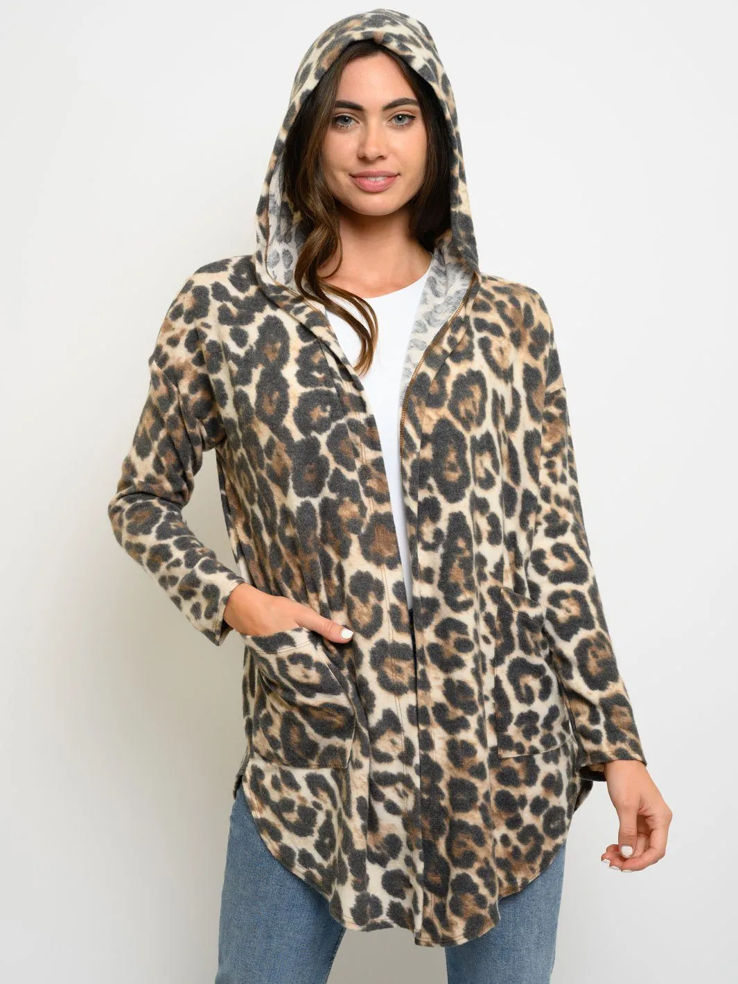 WOMEN'S ANIMAL PRINT HOODIE LONG SLEEVE CARDIGAN