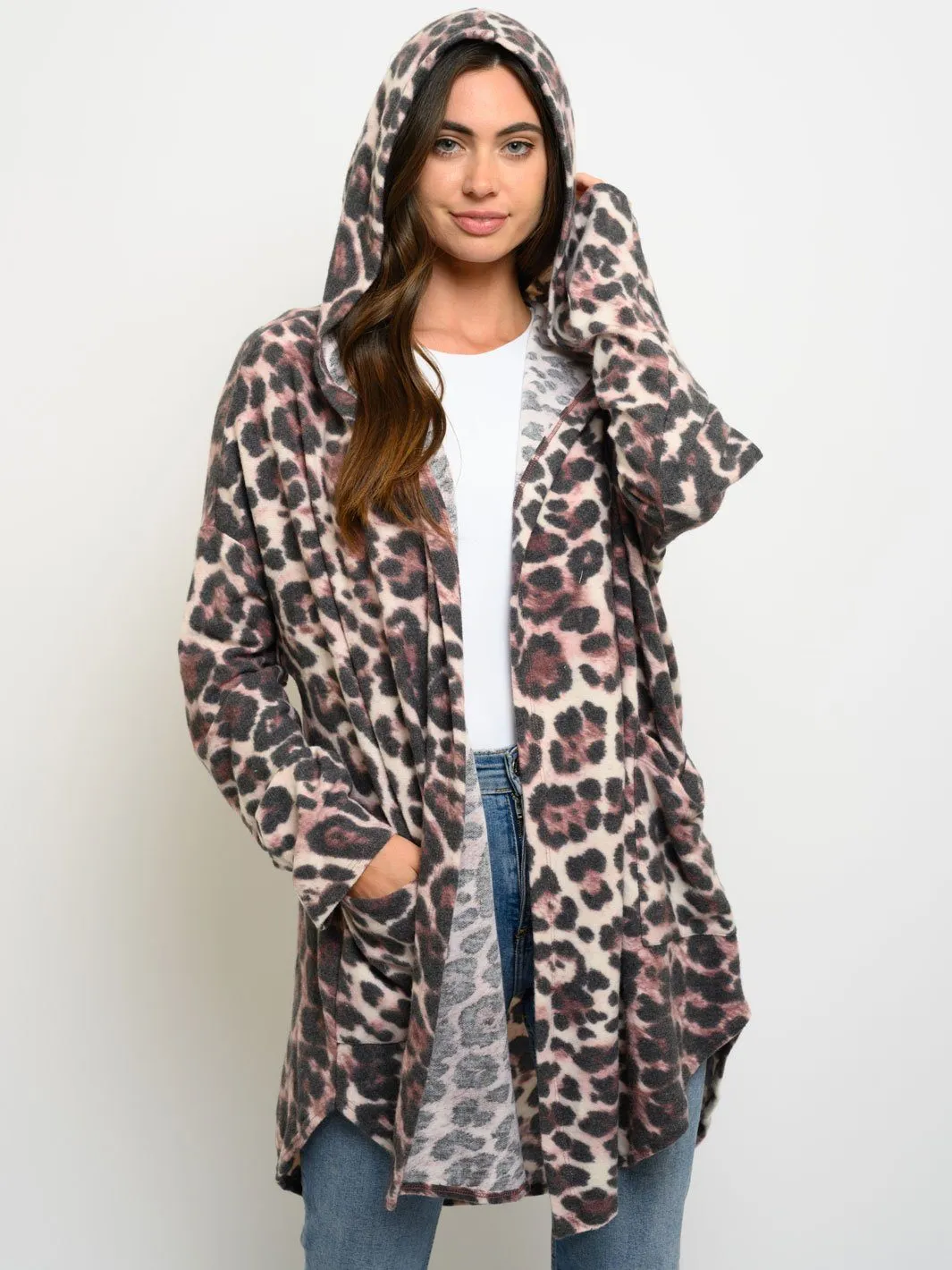 WOMEN'S ANIMAL PRINT HOODIE LONG SLEEVE CARDIGAN