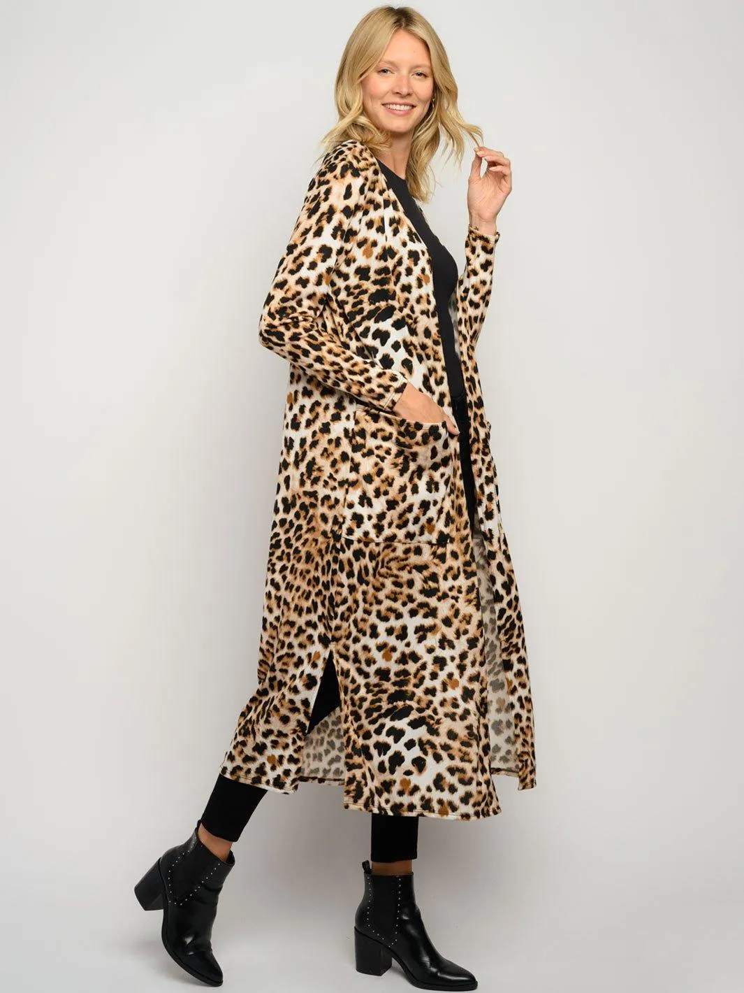 WOMEN'S ANIMAL PRINT LONG SLEEVE POCKETS CARDIGAN