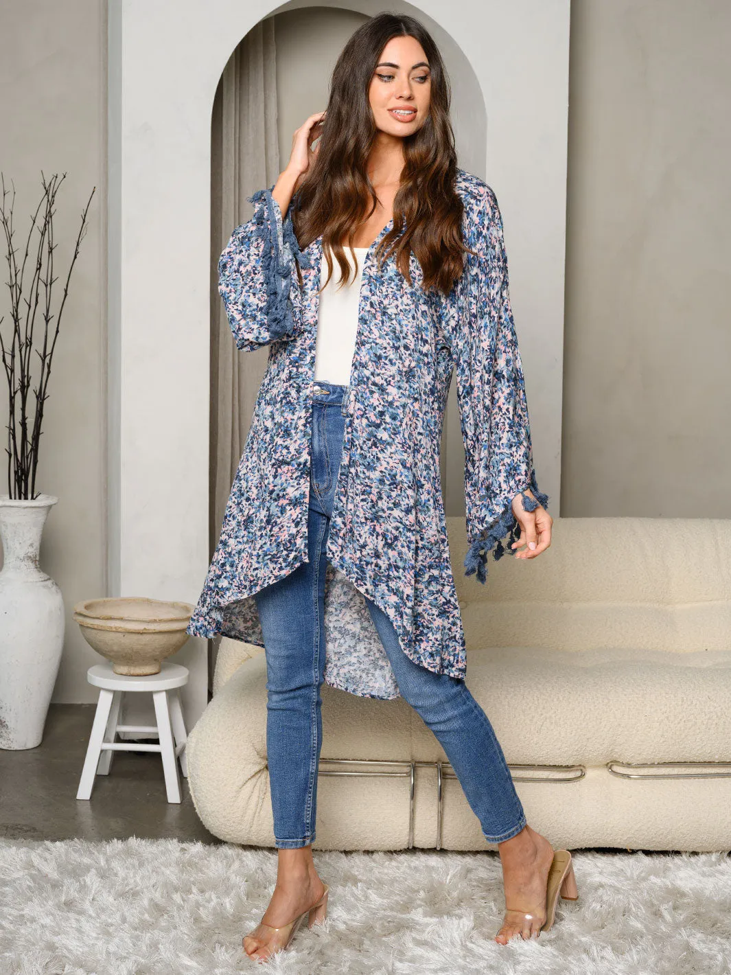 WOMEN'S BELL LONG SLEEVE OPEN FRONT FLORAL KIMONO