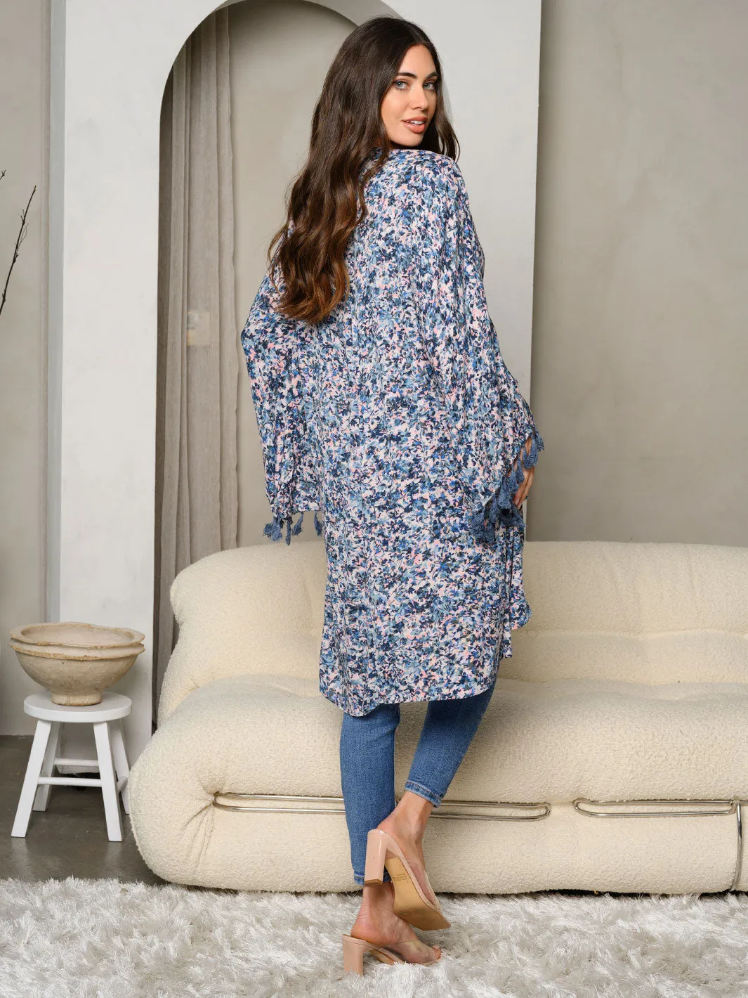 WOMEN'S BELL LONG SLEEVE OPEN FRONT FLORAL KIMONO