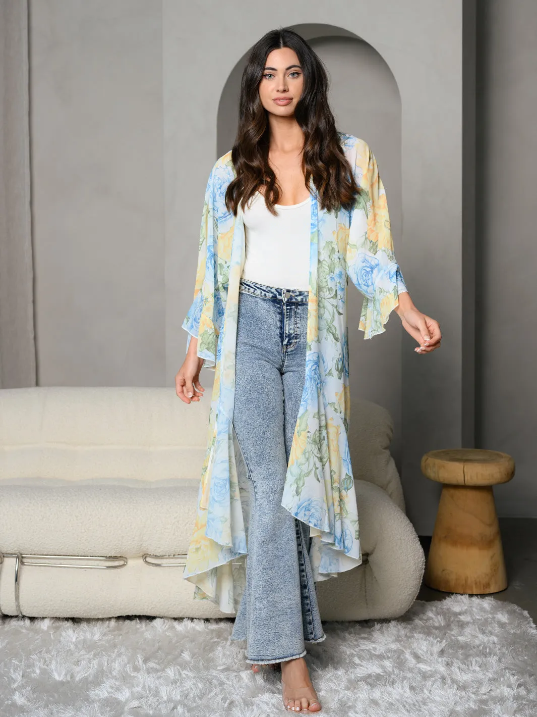 WOMEN'S FLORAL PRINT OPEN FRONT RUFFLE 3/4 SLEEVE KIMONO