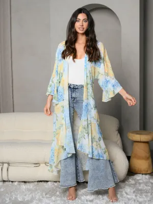 WOMEN'S FLORAL PRINT OPEN FRONT RUFFLE 3/4 SLEEVE KIMONO