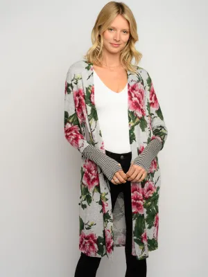WOMEN'S FLORAL PRINT STRIPES LONG SLEEVE CARDIGAN