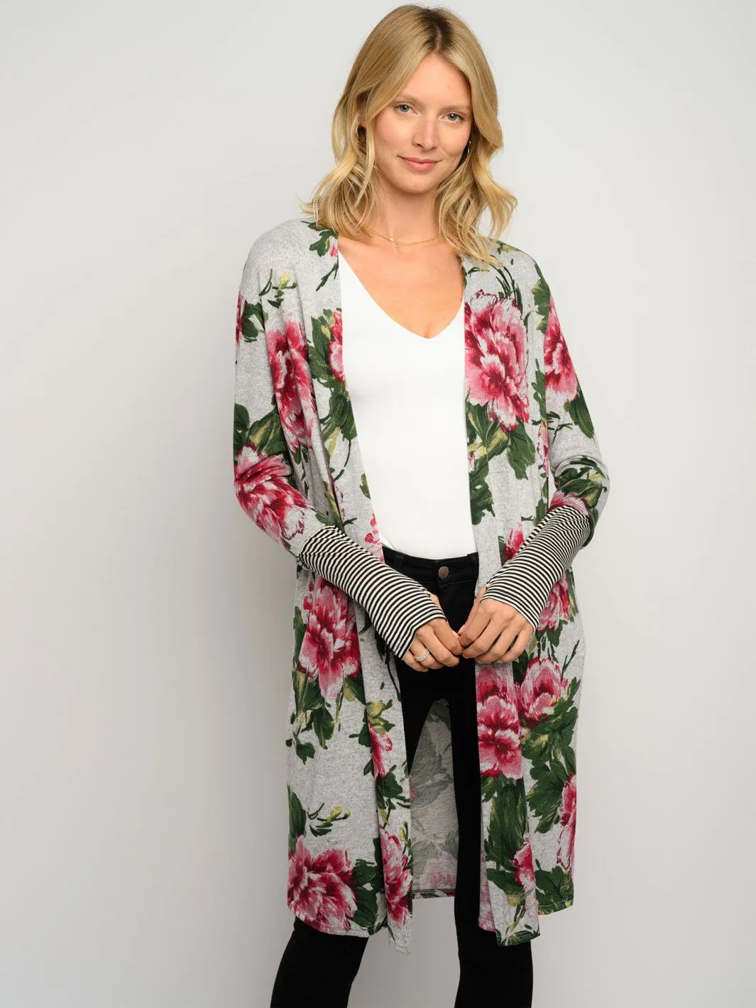 WOMEN'S FLORAL PRINT STRIPES LONG SLEEVE CARDIGAN