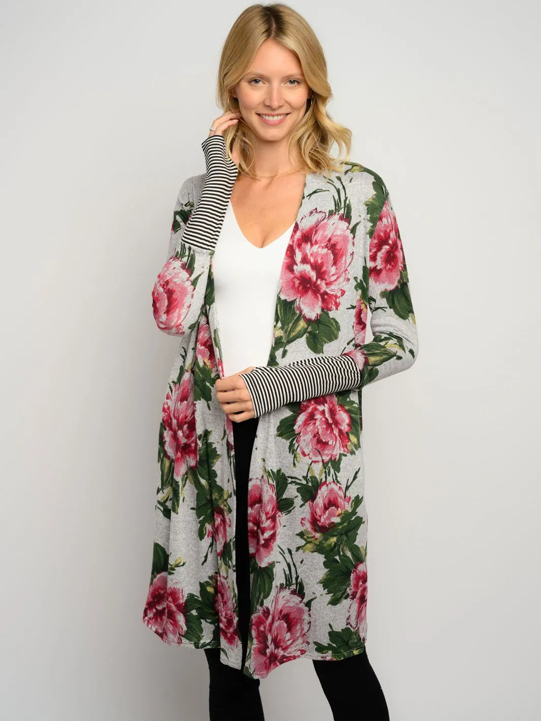 WOMEN'S FLORAL PRINT STRIPES LONG SLEEVE CARDIGAN